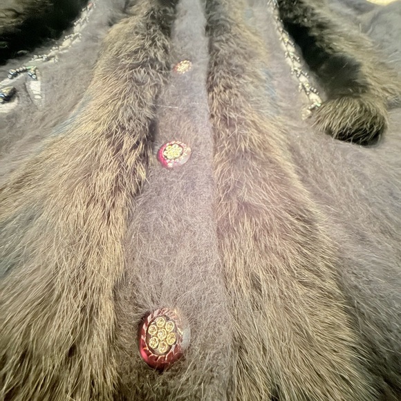 Vintage Black Fur-Trimmed Embellished Button Cardigan Sweater Size Large - Picture 8 of 11